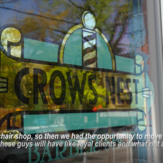 Screenshot of Connor Marquez's Interview video, it being the logo of the barbershop Crow's Nest.