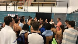 Here we have Coach Kip giving a motivational post-meet briefing. Little does he know his team lost the meet! 